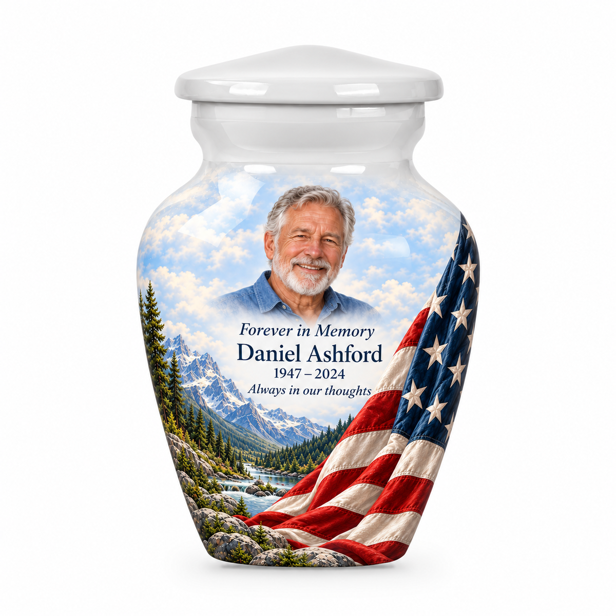 Matching white American flag keepsake urn with snowy valley artwork and optional photo and text personalization