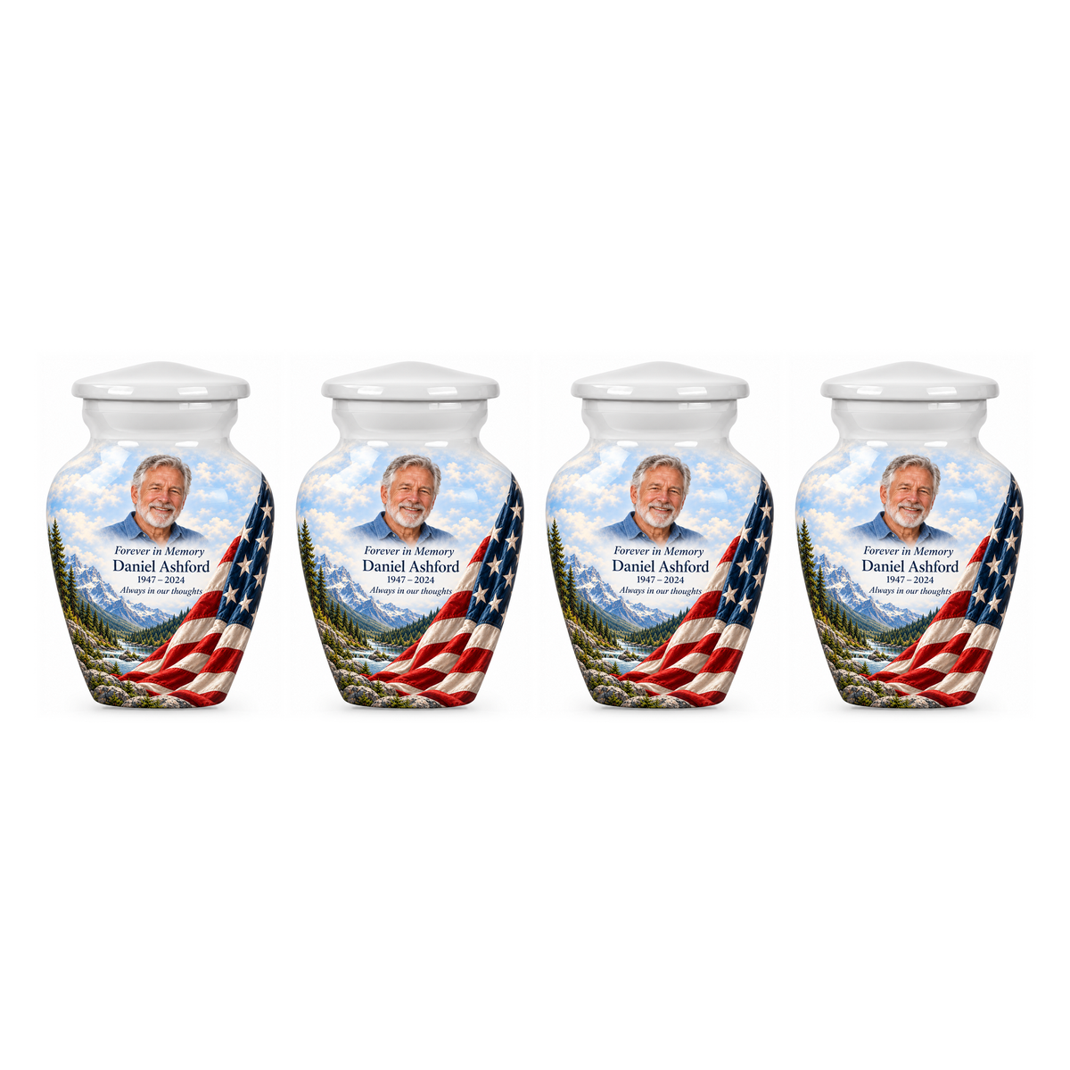 Four matching Snowy Valley American flag keepsake urns with sample photo and text on a white background