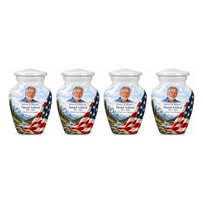 Four matching Snowy Valley American flag keepsake urns with sample photo and text on a white background