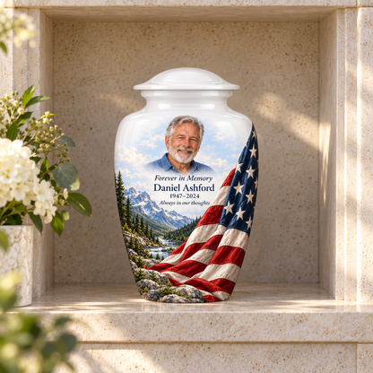 Snowy Valley American flag adult urn with sample photo and text displayed in a columbarium niche