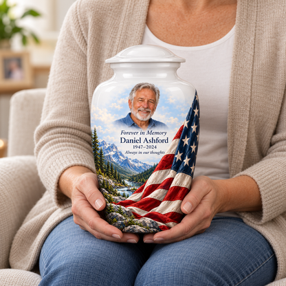 Snowy Valley American flag adult urn with sample photo and text held upright on a seated person’s lap