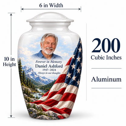 Snowy Valley American flag adult urn size guide showing 10-inch height, 6-inch width, 200-cubic-inch capacity and Aluminum material