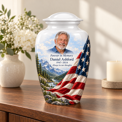Snowy Valley American flag adult urn with sample photo and text displayed on a memorial console