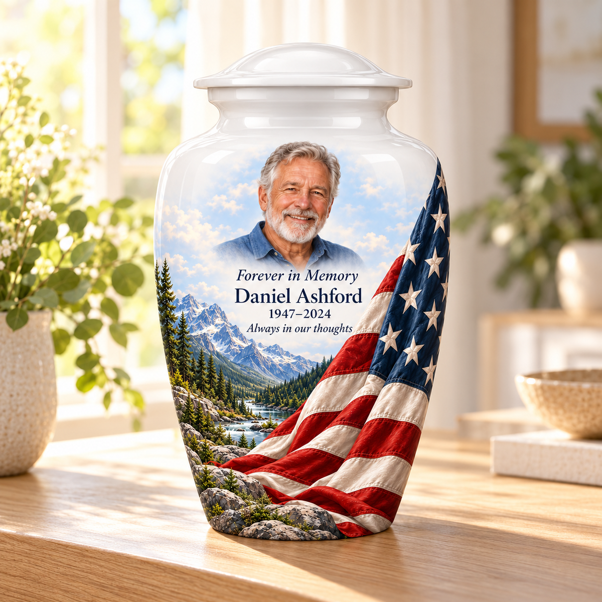 Snowy Valley American flag adult urn with sample photo and text displayed in a sunlit home