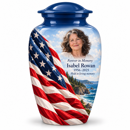Blue American flag adult urn with rocky coast artwork and a borderless sample portrait