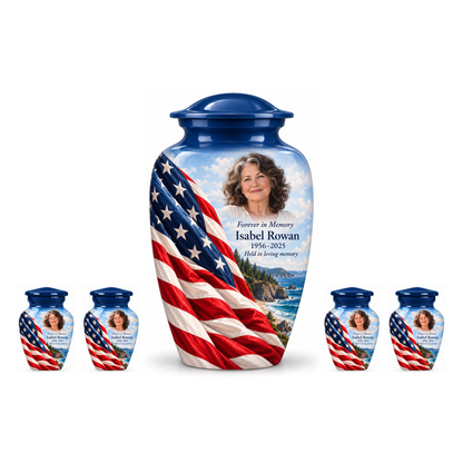 One Rocky Coast American flag adult urn with four matching keepsake urns, sample photo and text, on a white background