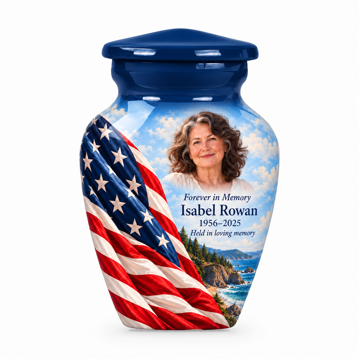 Matching blue American flag keepsake urn with rocky coast artwork and optional photo and text personalization