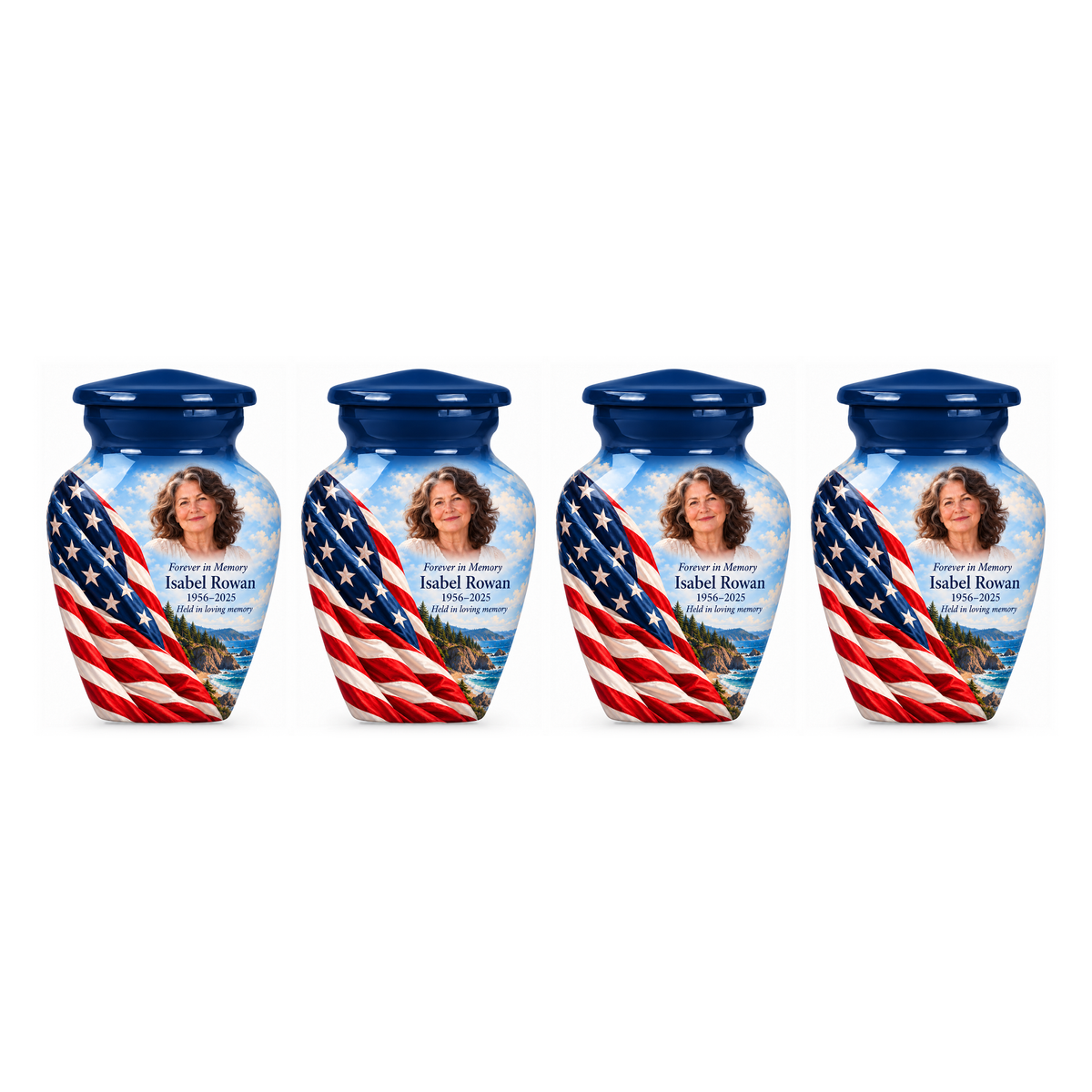 Four matching Rocky Coast American flag keepsake urns with sample photo and text on a white background