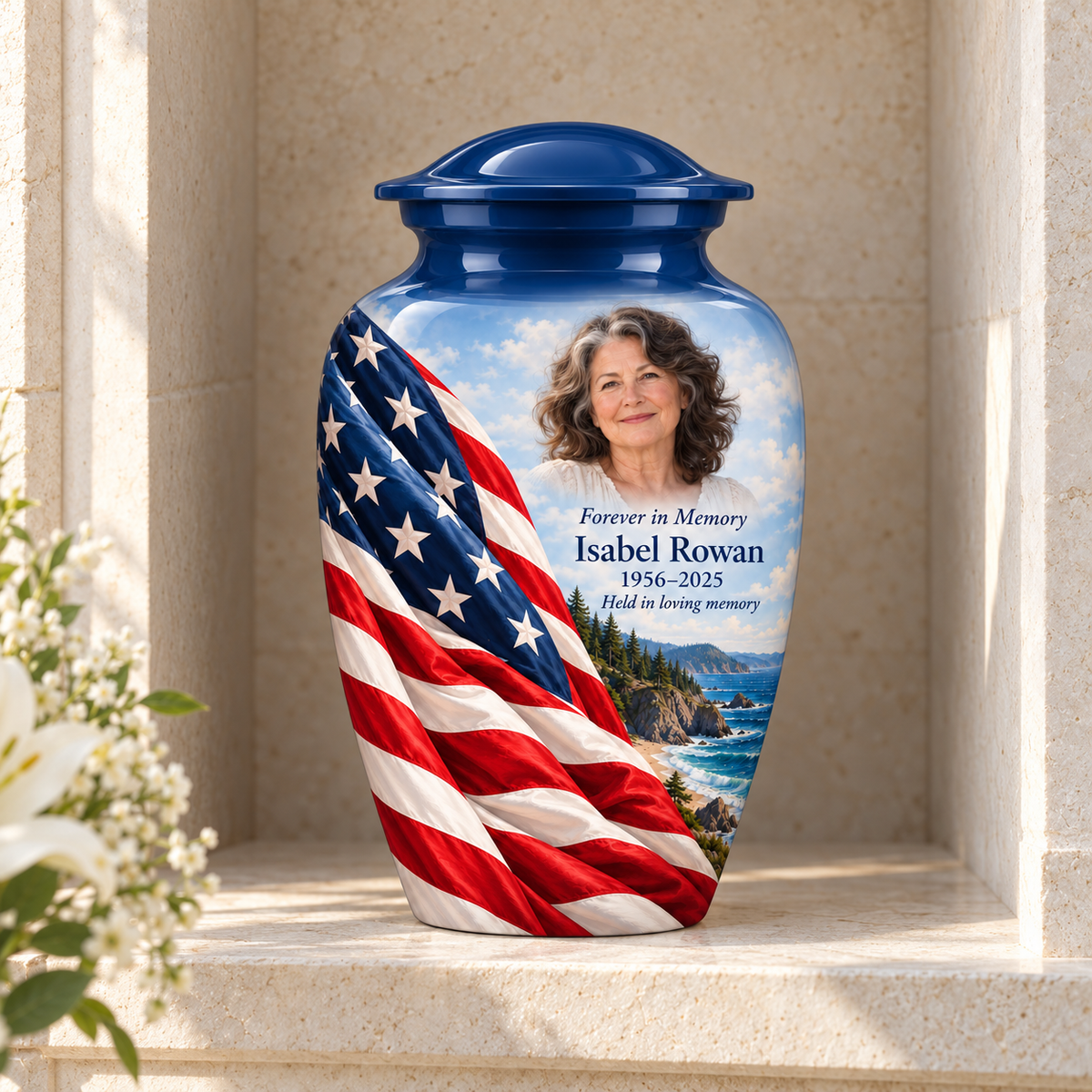 Rocky Coast American flag adult urn with sample photo and text displayed in a columbarium niche