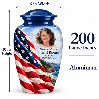 Rocky Coast American flag adult urn size guide showing 10-inch height, 6-inch width, 200-cubic-inch capacity and Aluminum material