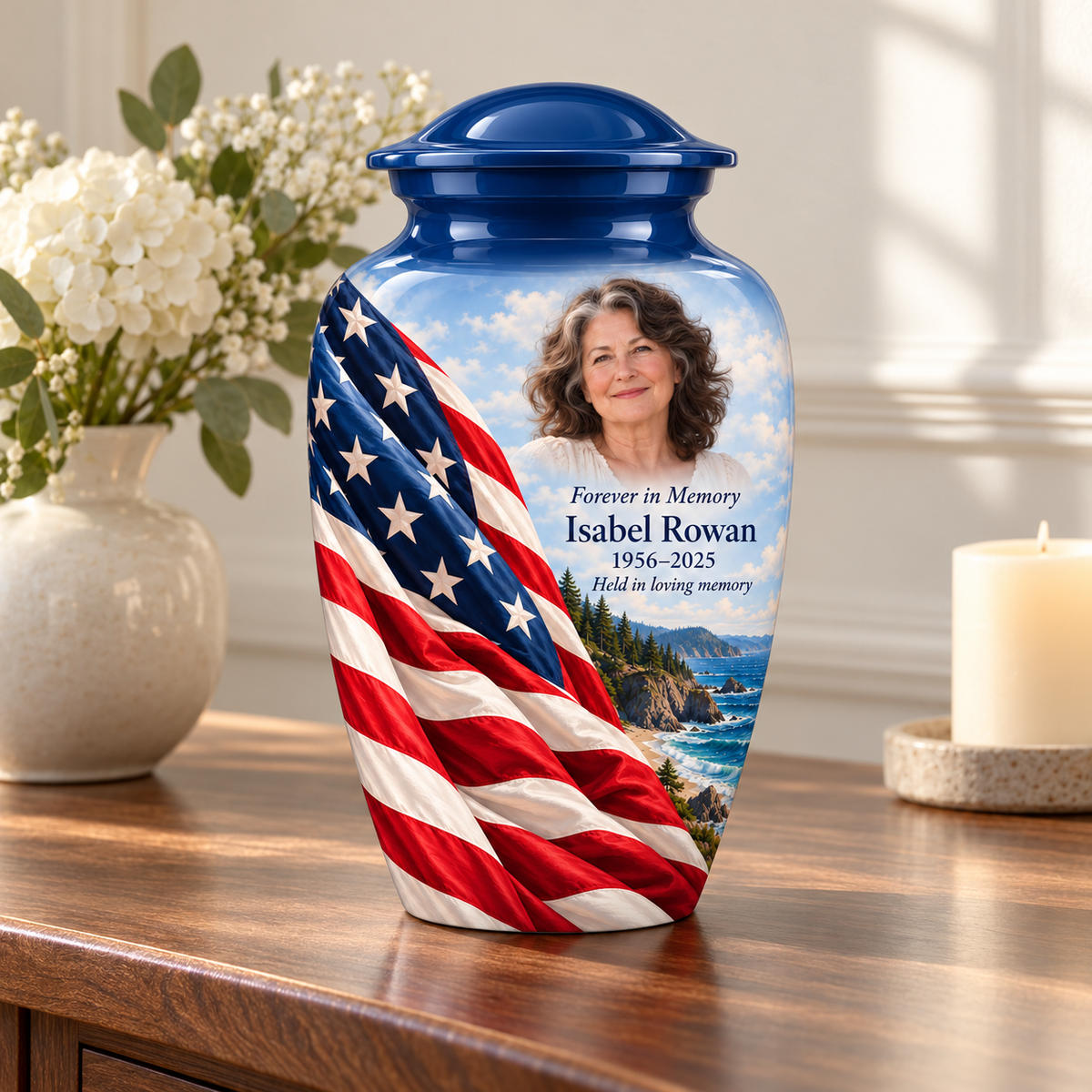 Rocky Coast American flag adult urn with sample photo and text displayed on a memorial console