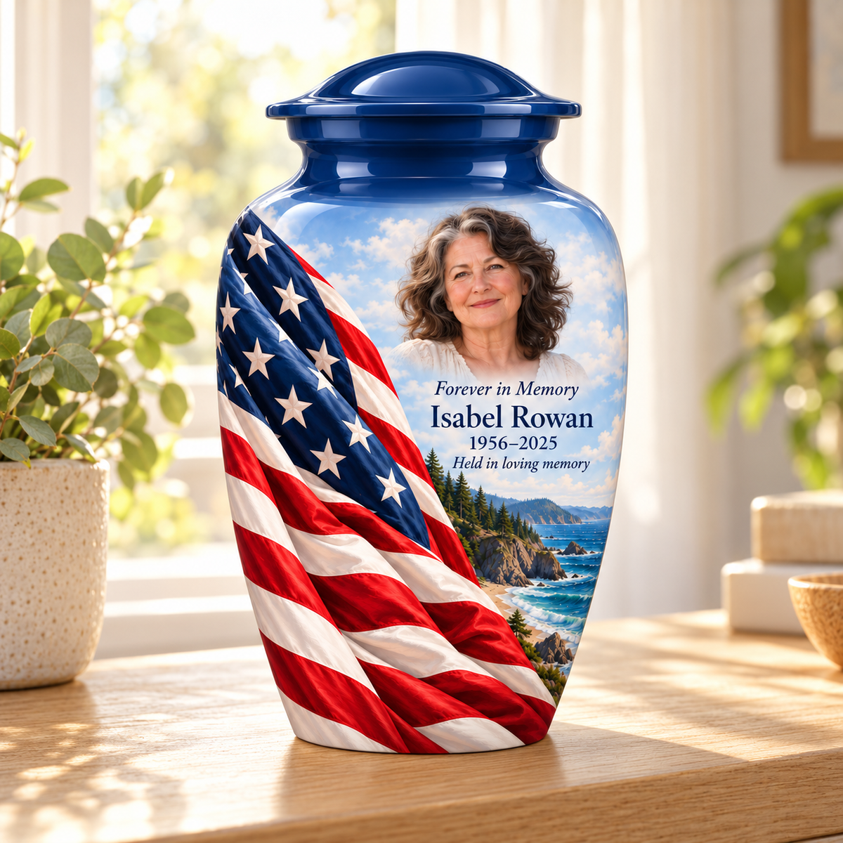Rocky Coast American flag adult urn with sample photo and text displayed in a sunlit home
