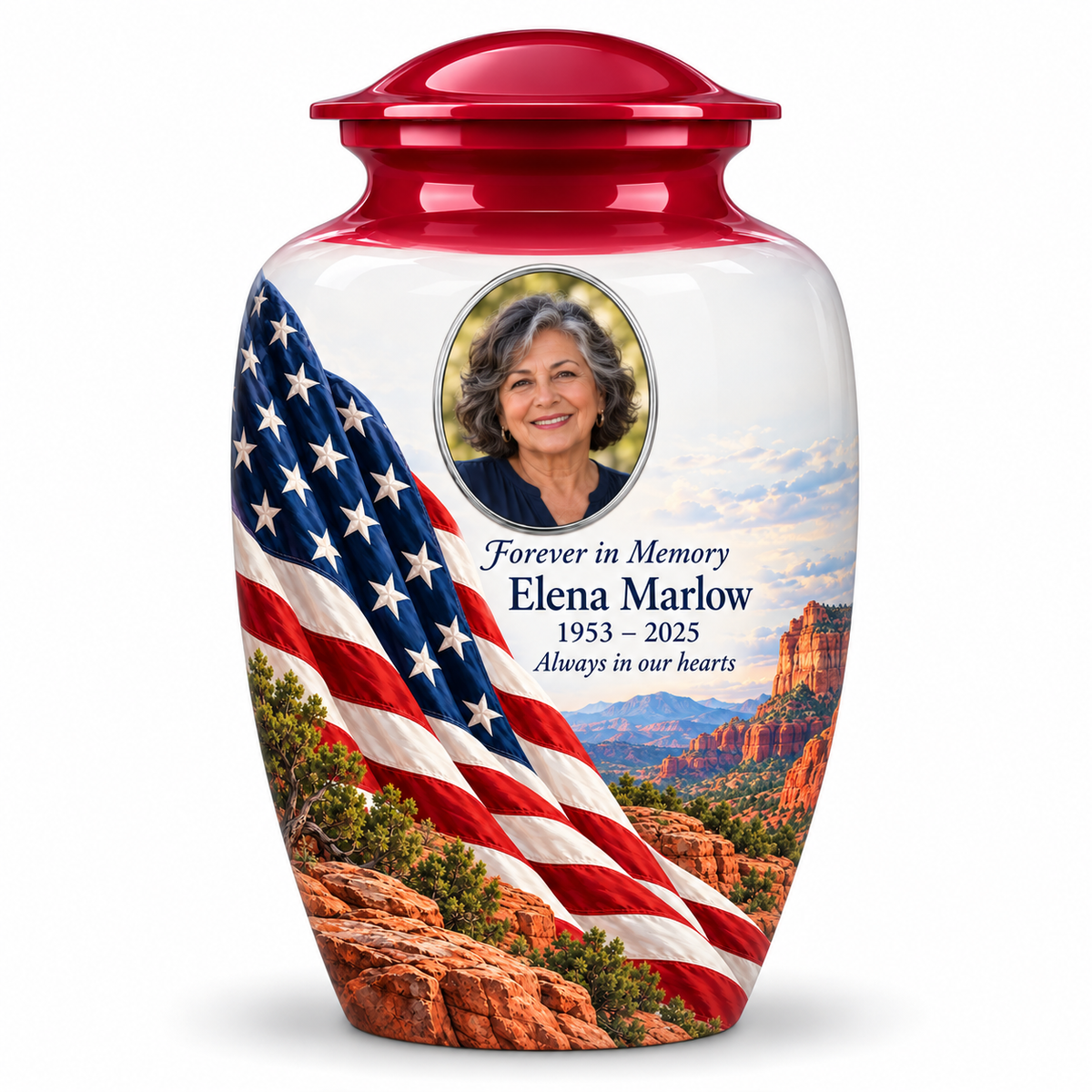 Red American flag adult urn with desert canyon artwork and a simple oval-framed sample portrait