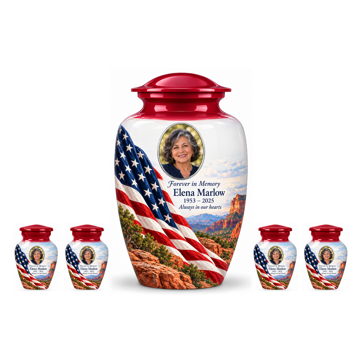 One Desert Canyon American flag adult urn with four matching keepsake urns, sample photo and text, on a white background