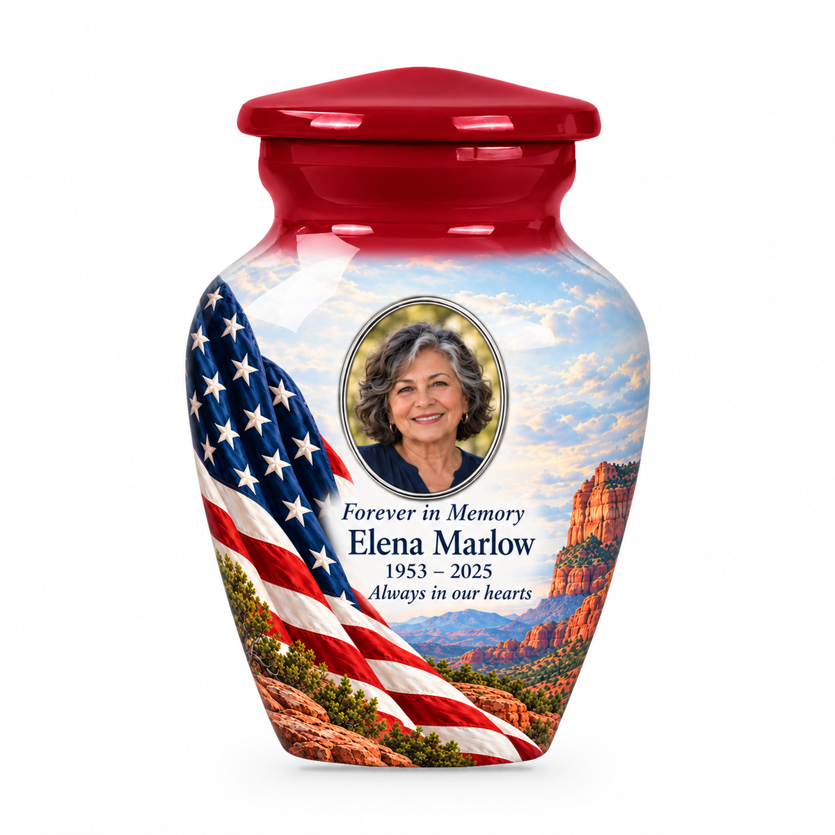 Matching red American flag keepsake urn with desert canyon artwork and optional photo and text personalization
