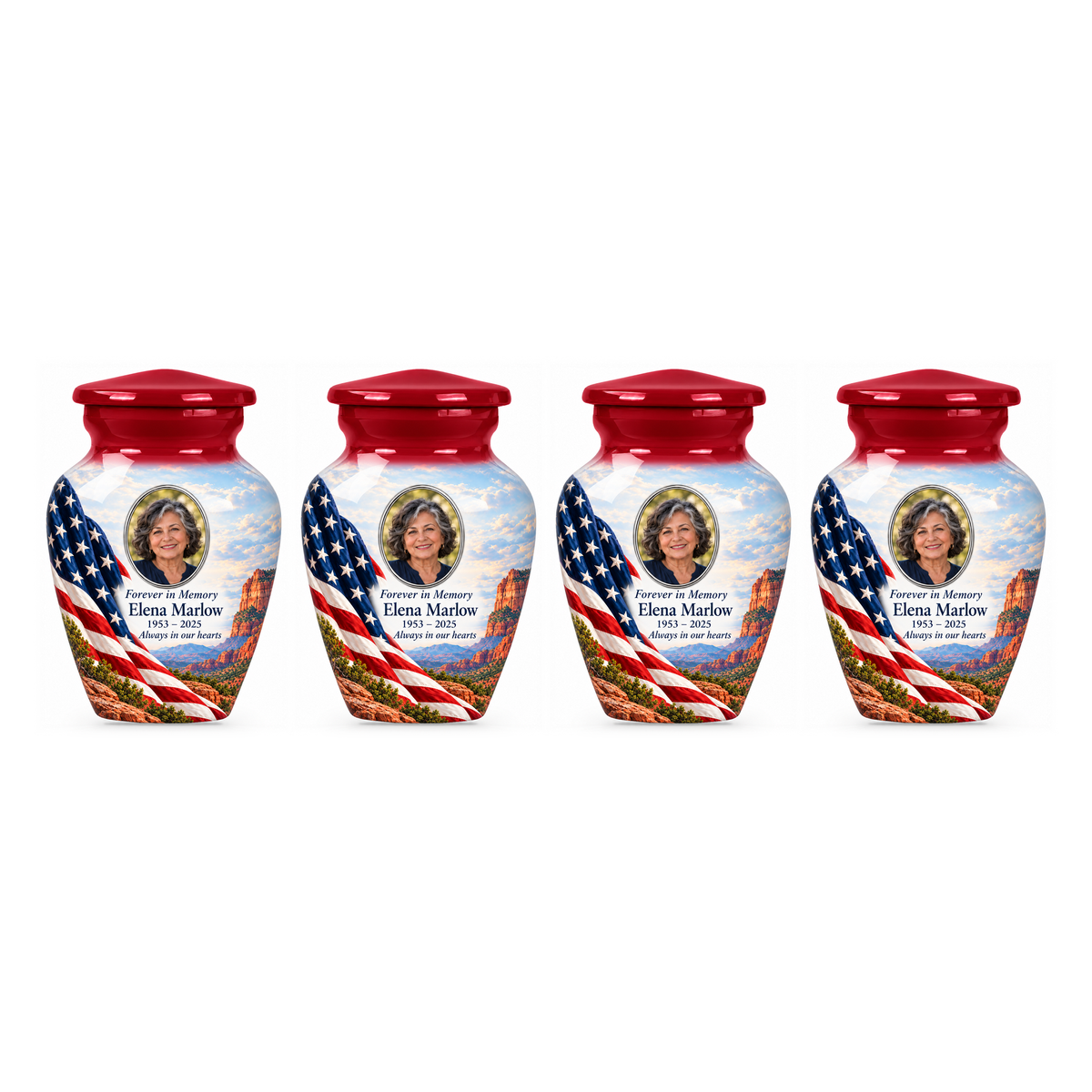 Four matching Desert Canyon American flag keepsake urns with sample photo and text on a white background