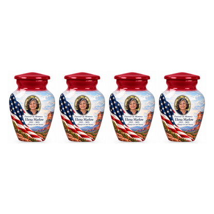 Four matching Desert Canyon American flag keepsake urns with sample photo and text on a white background