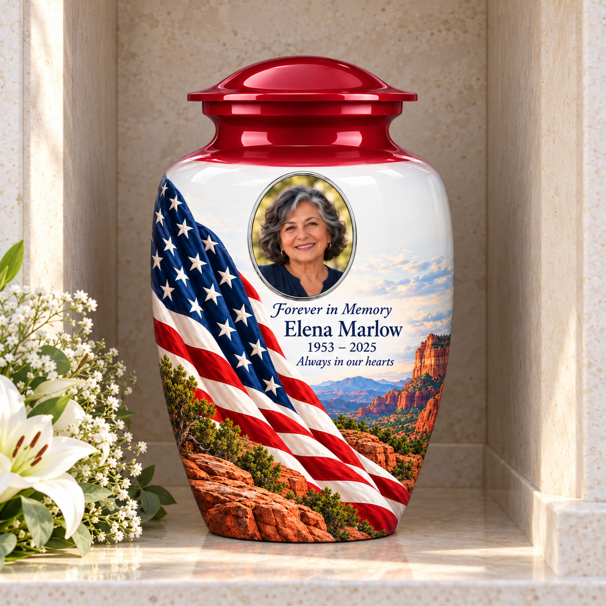 Desert Canyon American flag adult urn with sample photo and text displayed in a columbarium niche