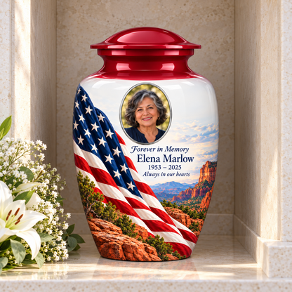 Desert Canyon American flag adult urn with sample photo and text displayed in a columbarium niche