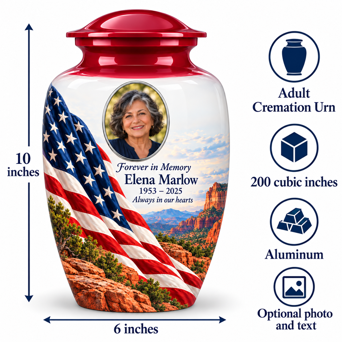 Desert Canyon American flag adult urn size guide showing 10-inch height, 6-inch width, 200-cubic-inch capacity and Aluminum material