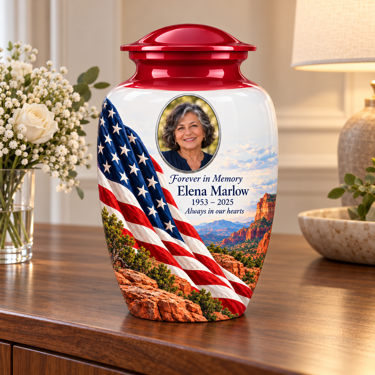 Desert Canyon American flag adult urn with sample photo and text displayed on a memorial console
