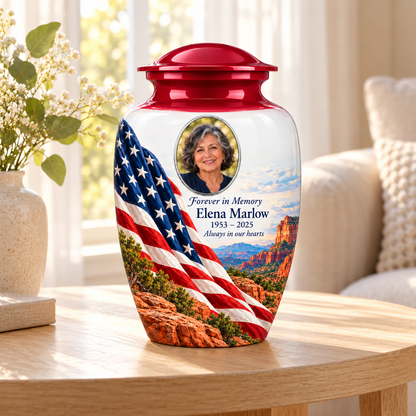 Desert Canyon American flag adult urn with sample photo and text displayed in a sunlit home