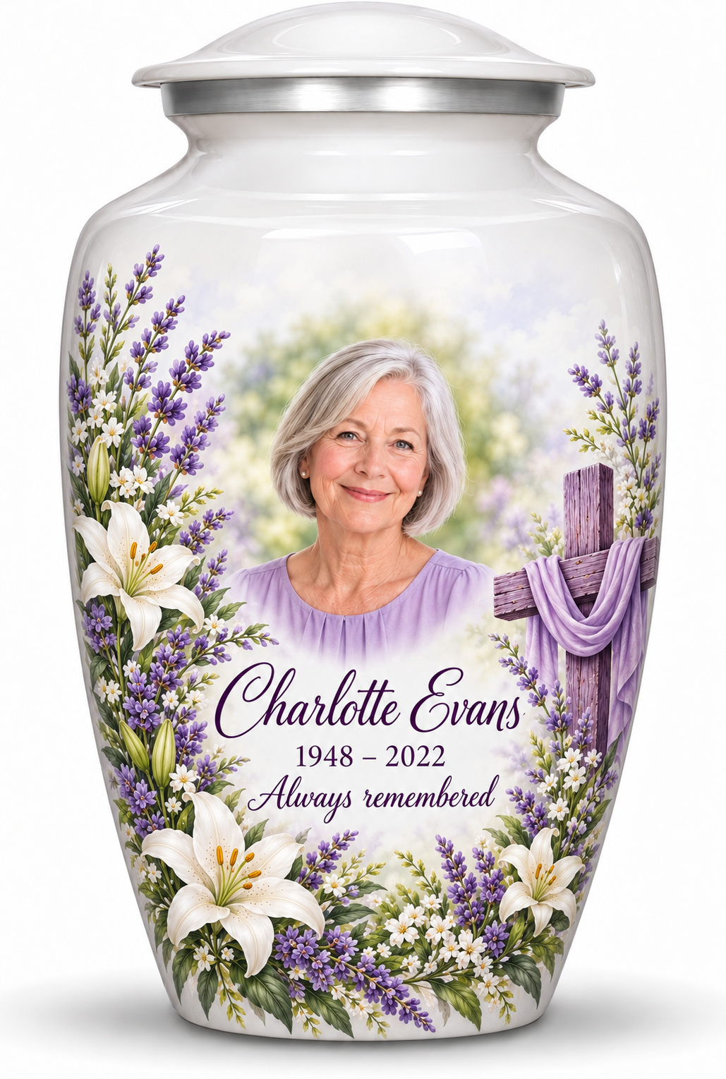 White adult cross urn with white lilies and lavender, sample portrait and tribute on white.