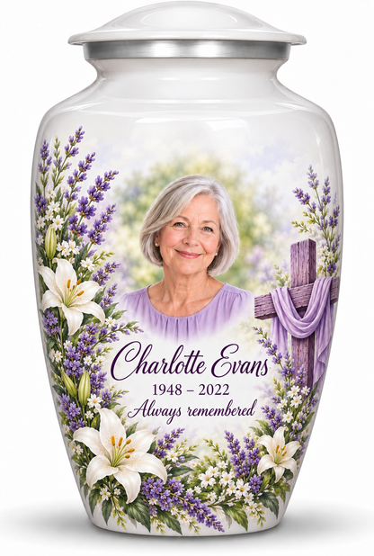 White adult cross urn with white lilies and lavender, sample portrait and tribute on white.