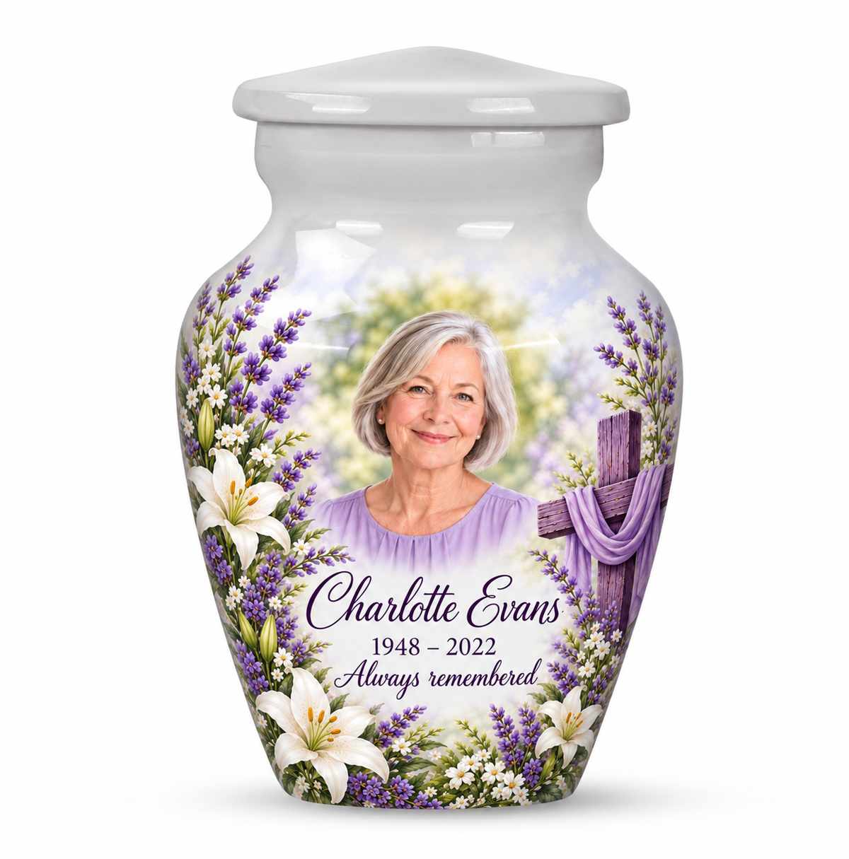 One white cross keepsake urn with white lilies and lavender, sample portrait and tribute on white.