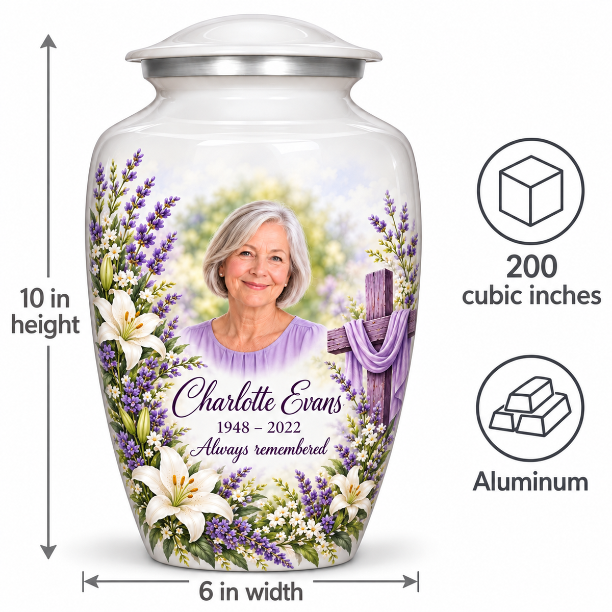White cross urn size guide: adult height 10 inches, width 6 inches and capacity 200 cubic inches.