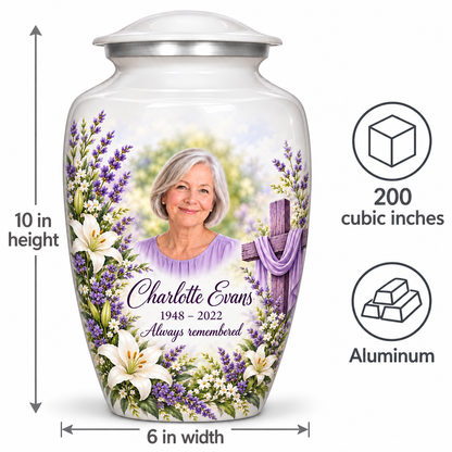 White cross urn size guide: adult height 10 inches, width 6 inches and capacity 200 cubic inches.