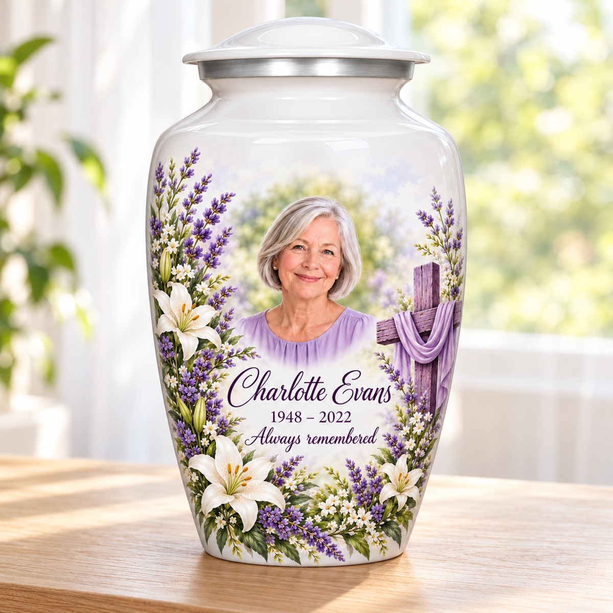 White adult cross urn with white lilies and lavender beside a sunlit window.