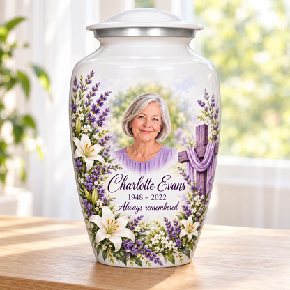 White adult cross urn with white lilies and lavender beside a sunlit window.