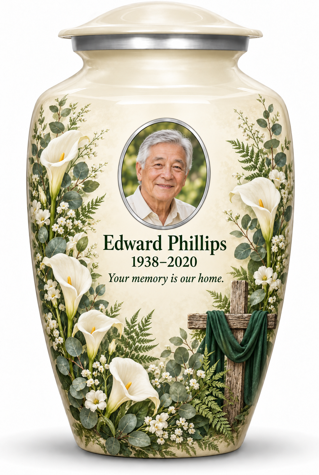 White adult cross urn with white calla lilies and greenery, sample portrait and tribute on white.