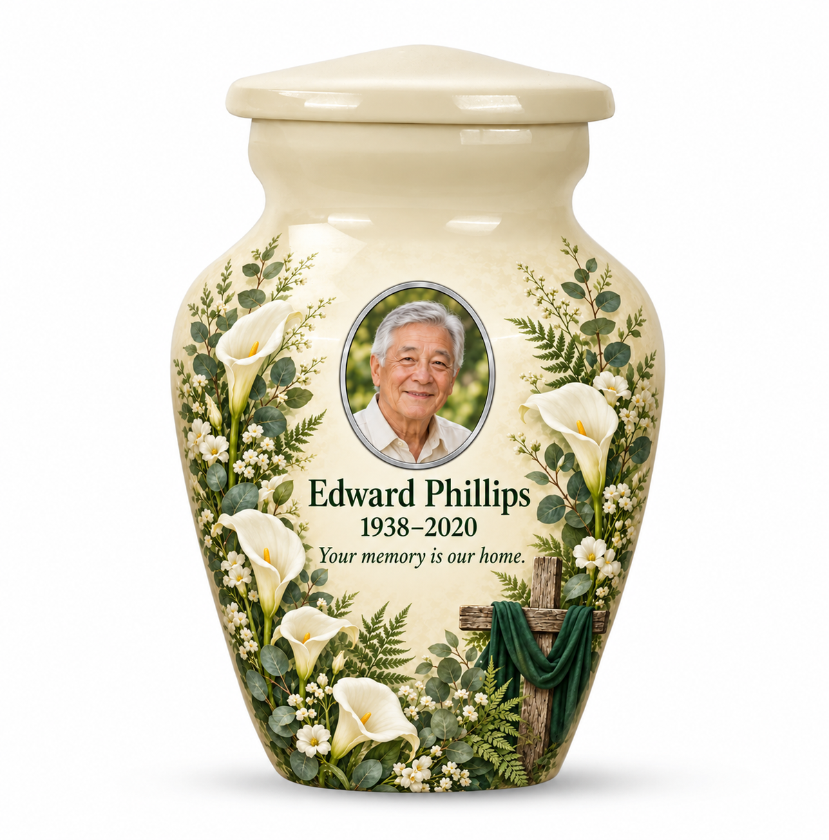 One white cross keepsake urn with white calla lilies and greenery, sample portrait and tribute on white.