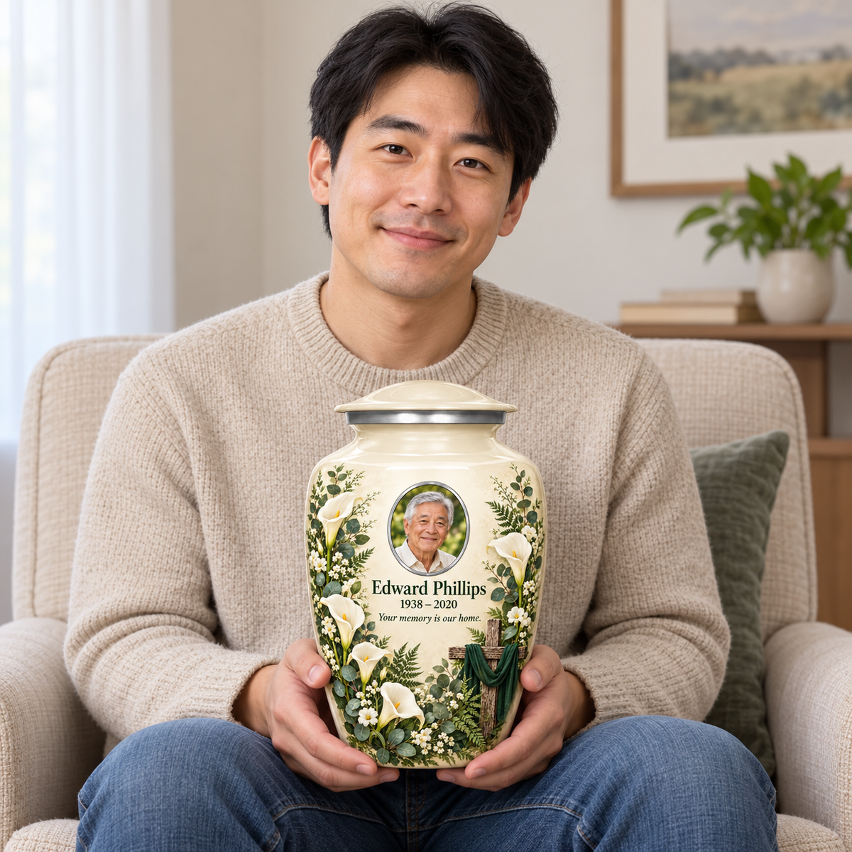 A seated person holding the white cross urn with white calla lilies and greenery on their lap.