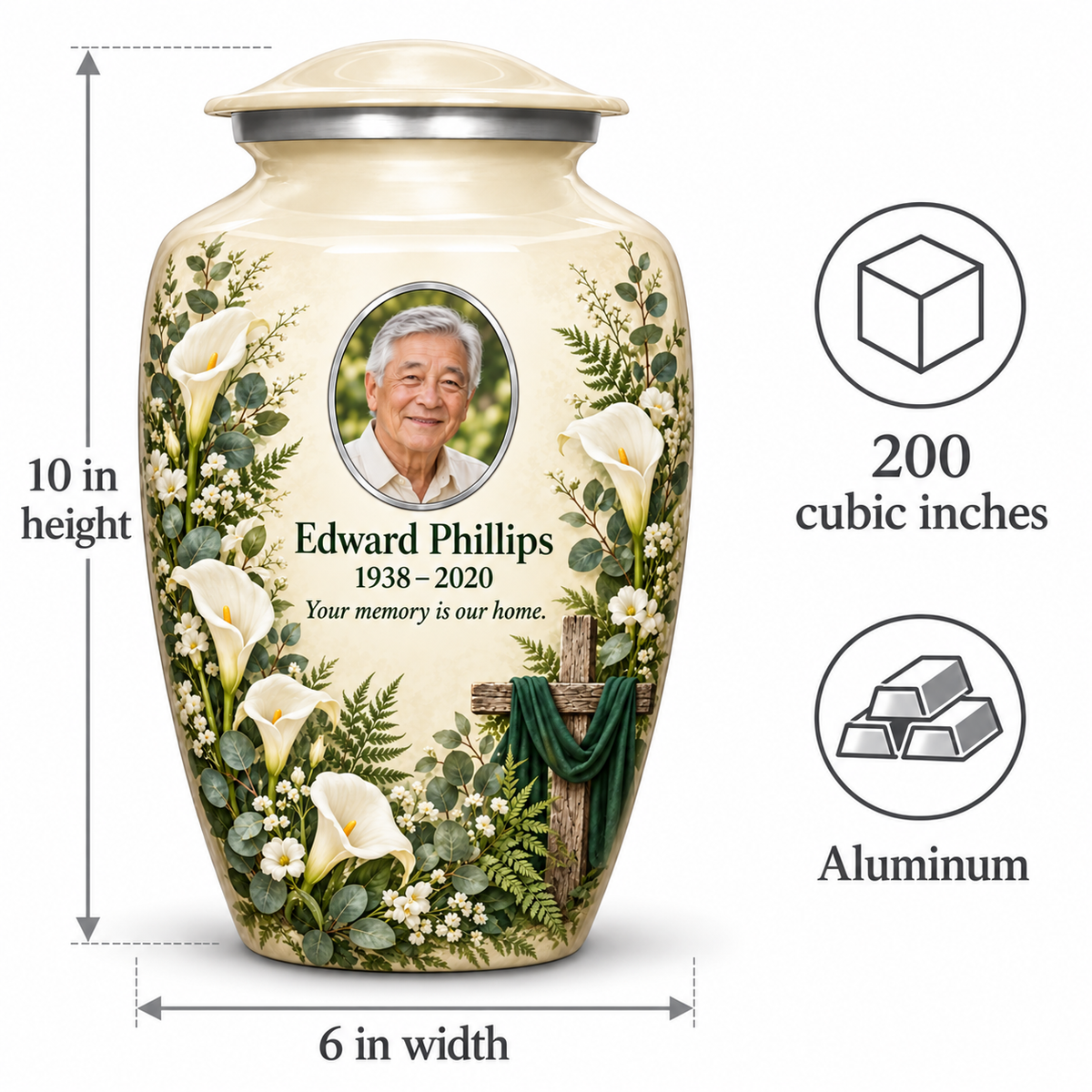 White cross urn size guide: adult height 10 inches, width 6 inches and capacity 200 cubic inches.
