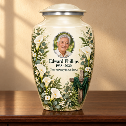 White adult cross urn with white calla lilies and greenery displayed on a memorial console.