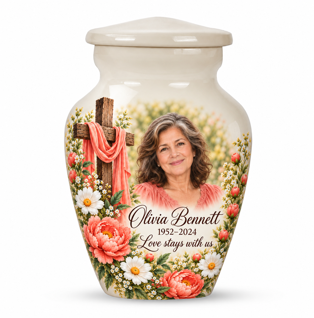 One white cross keepsake urn with coral flowers and white daisies, sample portrait and tribute on white.