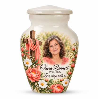 One white cross keepsake urn with coral flowers and white daisies, sample portrait and tribute on white.