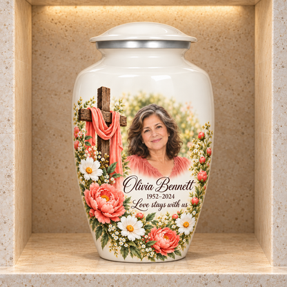 White adult cross urn with coral flowers and white daisies displayed in a stone columbarium niche.