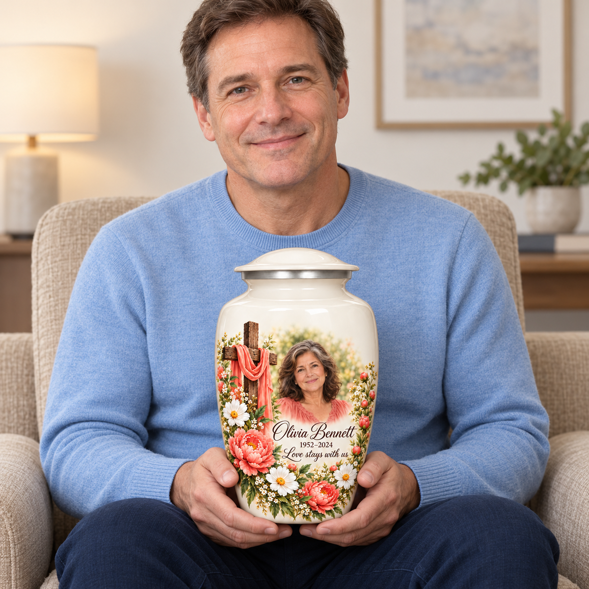 A seated person holding the white cross urn with coral flowers and white daisies on their lap.