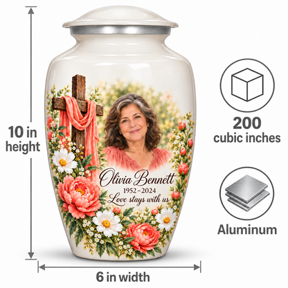 White cross urn size guide: adult height 10 inches, width 6 inches and capacity 200 cubic inches.