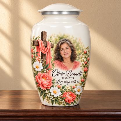 White adult cross urn with coral flowers and white daisies displayed on a memorial console.