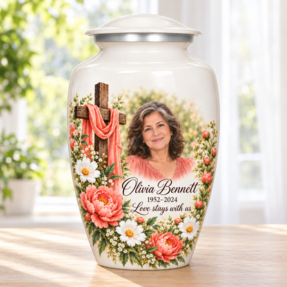 White adult cross urn with coral flowers and white daisies beside a sunlit window.