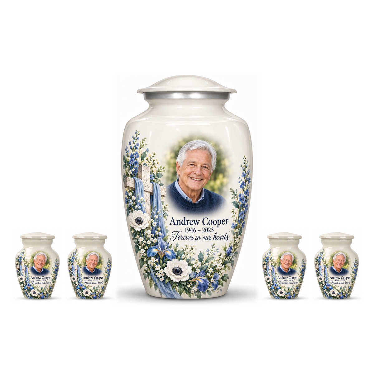 One white adult cross urn and four keepsakes with blue and white flowers arranged on white.