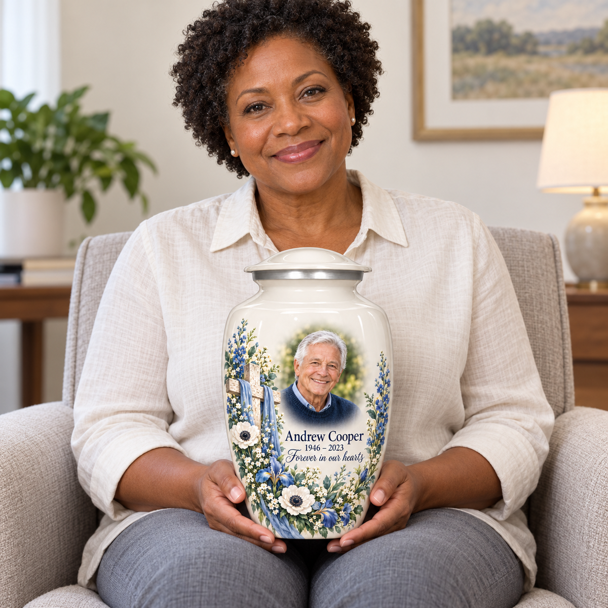 A seated person holding the white cross urn with blue and white flowers on their lap.