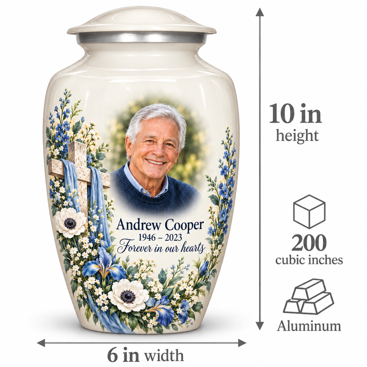 White cross urn size guide: adult height 10 inches, width 6 inches and capacity 200 cubic inches.