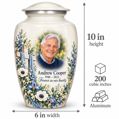 White cross urn size guide: adult height 10 inches, width 6 inches and capacity 200 cubic inches.
