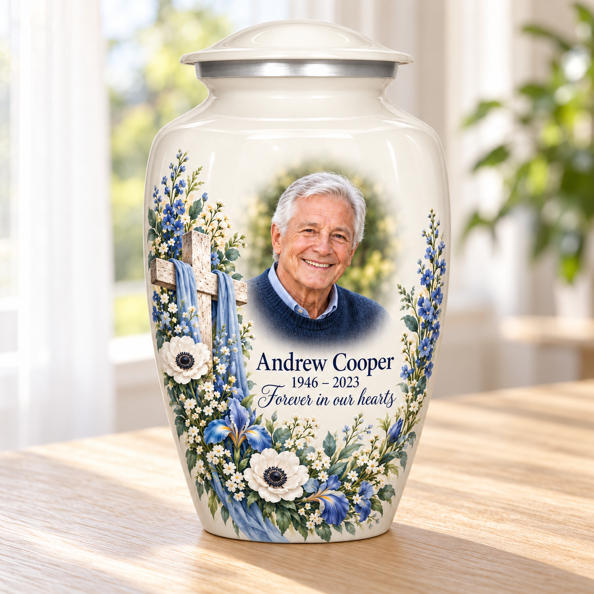 White adult cross urn with blue and white flowers beside a sunlit window.